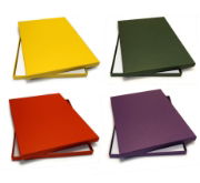 Archival boxes, yellow, green, red, purple